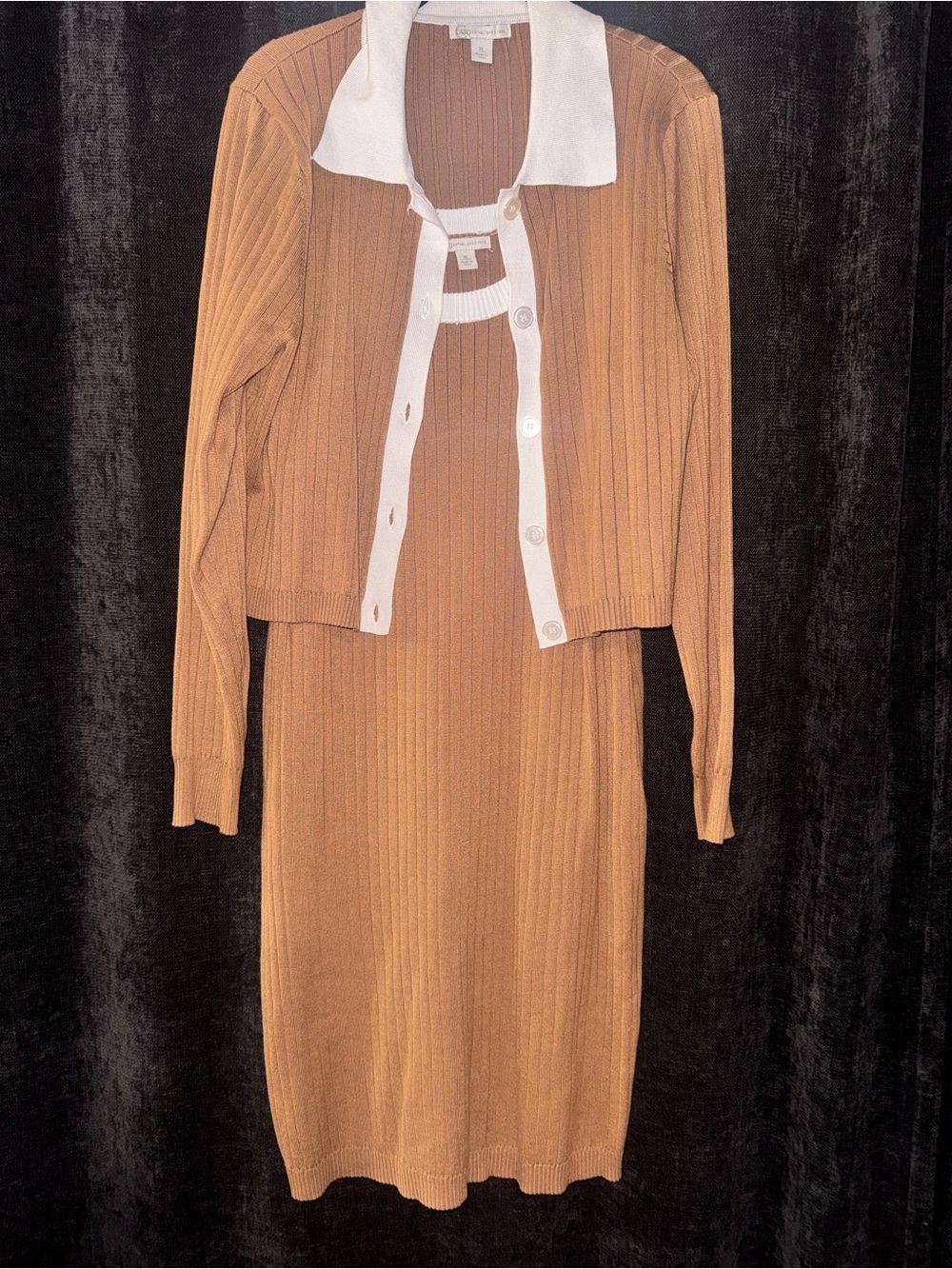 CATO Ribbed Knit Two-Piece Dress Set in Camel with White Trim